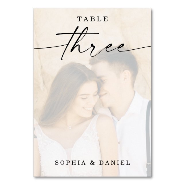 Elegant Script Photo Bröllop Bordsnummer 3 (Framsidan)