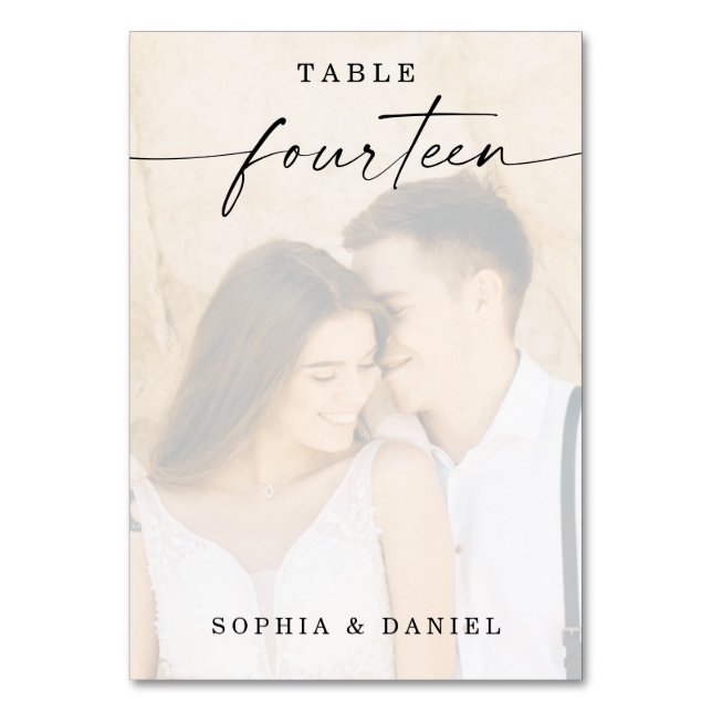 Elegant Script Photo Bröllop Bordsnummer fjorton (Framsidan)