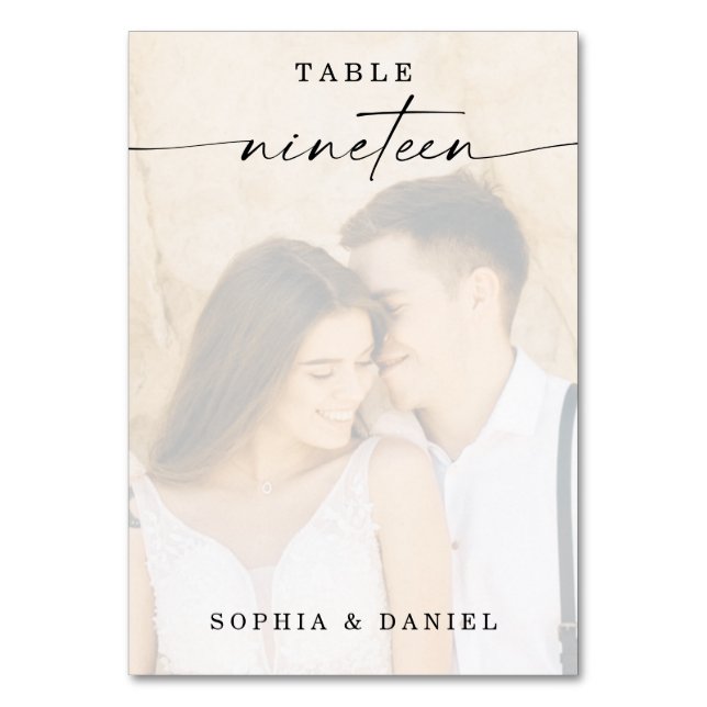 Elegant Script Photo Bröllop Bordsnummer Nitten (Framsidan)