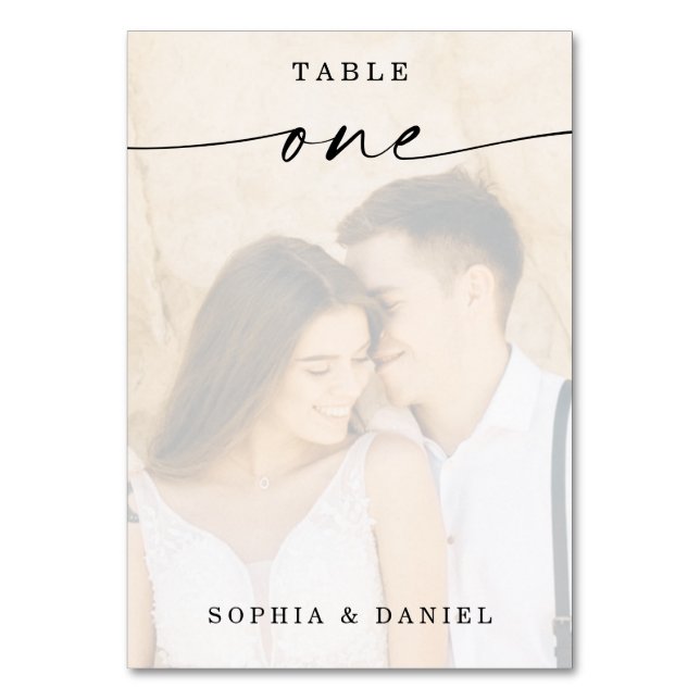 Elegant Script Photo Bröllop Bordsnummer One (Framsidan)