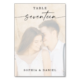 Elegant Script Photo Bröllop Bordsnummer Seventee