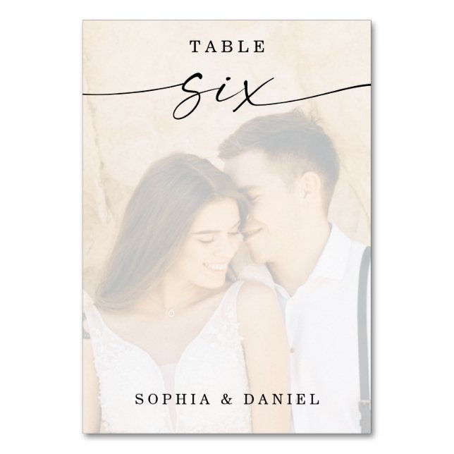 Elegant Script Photo Bröllop Bordsnummer sex (Framsidan)
