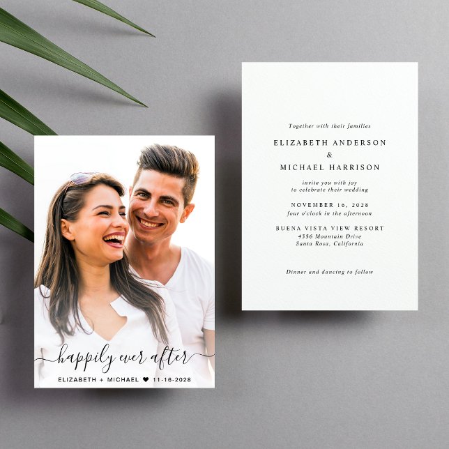 Elegant Script Photo Bröllop Inbjudningar (Celebrate your love story with a modern happily ever after wedding invitation showcasing your photo)