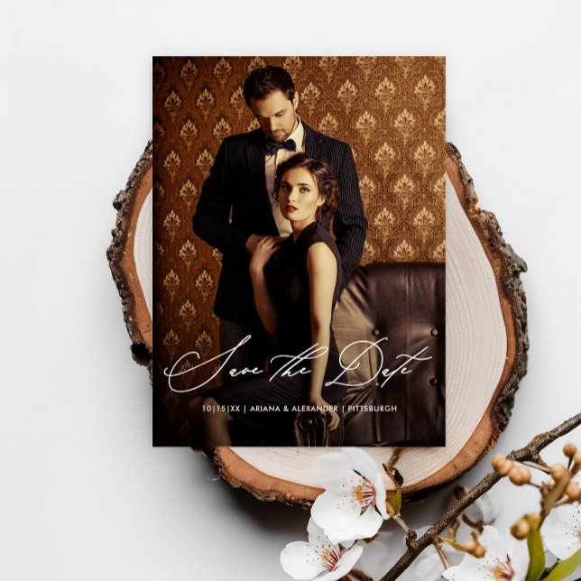 Elegant Script Photo Bröllop spara datum Vykort (Skapare uppladdad)