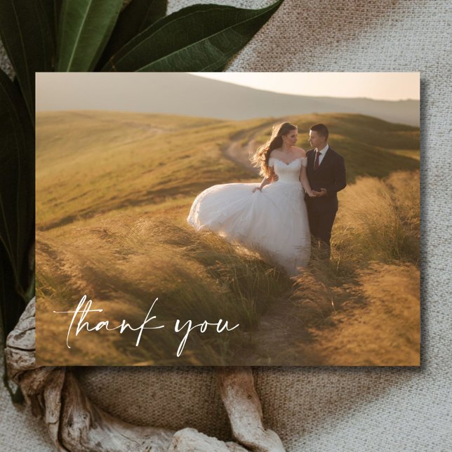 Elegant Script Photo Bröllop Tack Vykort (Elegant Script Photo Wedding Thank You Postcard)