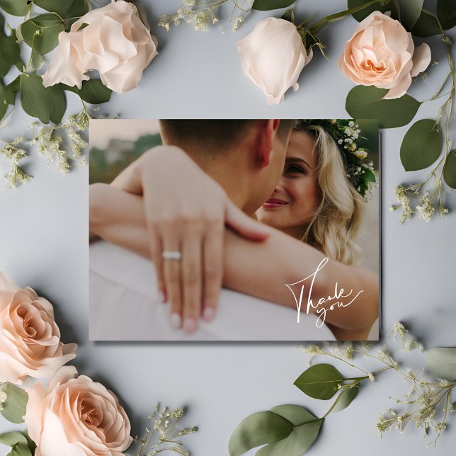 Elegant Script Photo Bröllop Tack Vykort (Elegant Script Photo Wedding Thank You Postcard)