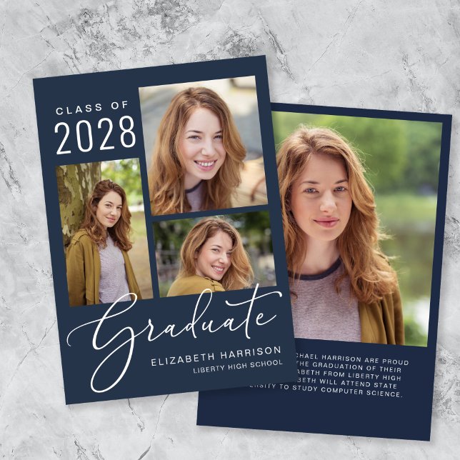 Elegant Script Photo Collage Blue Studenten Meddelande (An elegant photo collage graduation announcement to celebrate the graduate's achievements)