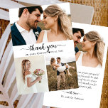 Elegant Script Photo Collage Bröllop Tack<br><div class="desc">Elegant, minimalistiskt, modernt, skrivet "Tack"-fotosamlingskort. Snyggt bröllop tackar dig för att du har en kortmall med tre (3) foto på framsidan och ett (1) foto på baksidan. Med en "Tack"-text i ett snabbt tecken som skriver typografi eller kalligrafi-skript byts svan-teckensnitt i svart mot vit bakgrund. Lätt att lägga till namn...</div>