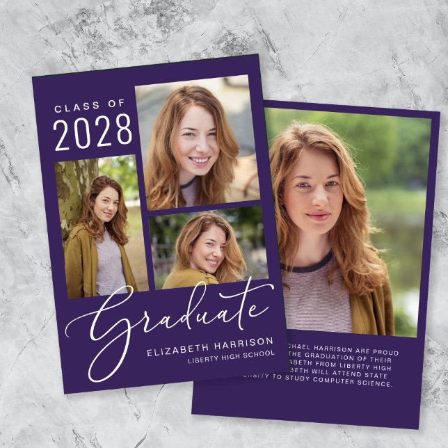 Elegant Script Photo Collage Lila Studenten Meddelande (An elegant photo collage graduation announcement to celebrate the graduate's achievements)