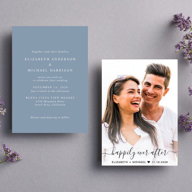 Elegant Script Photo Dusty Blue Bröllop Inbjudningar (Celebrate your love story with a modern happily ever after wedding invitation showcasing your photo)