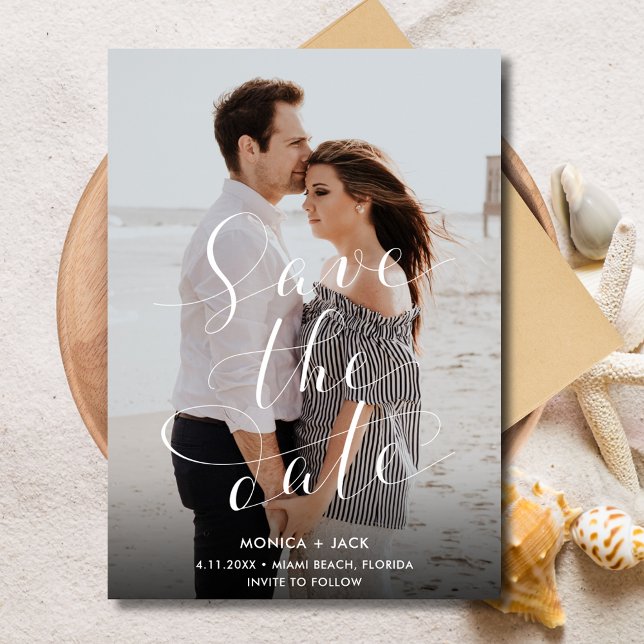 Elegant Script Photo Florida Beach Wedbröllop Spara Datumet (Elegant Script Photo Florida Beach Wedding Save The Date)