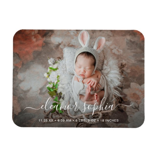 Elegant Script Photo Girl Birth-meddelande Magnet (Horisontell)