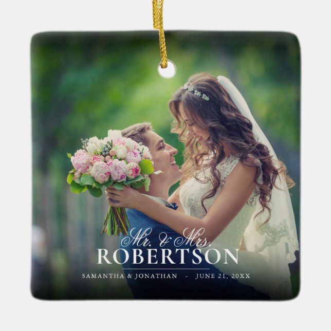 Elegant Script Photo Newlyged-jul Julgransprydnad Keramik (Framsida)