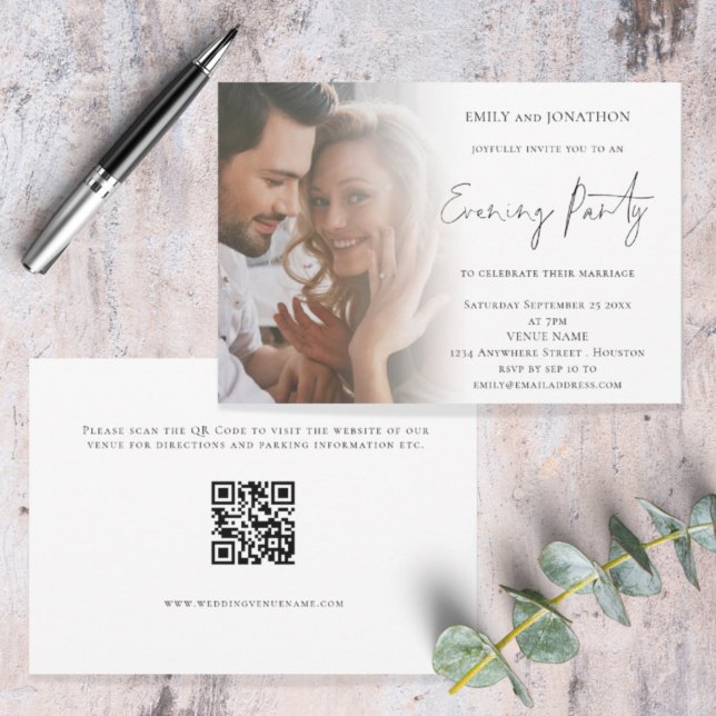 Elegant Script Photo QR-kod Bröllop Evening Inbjudningar (Front and back view. Available digitally or printed. Part of a large matching wedding suite)