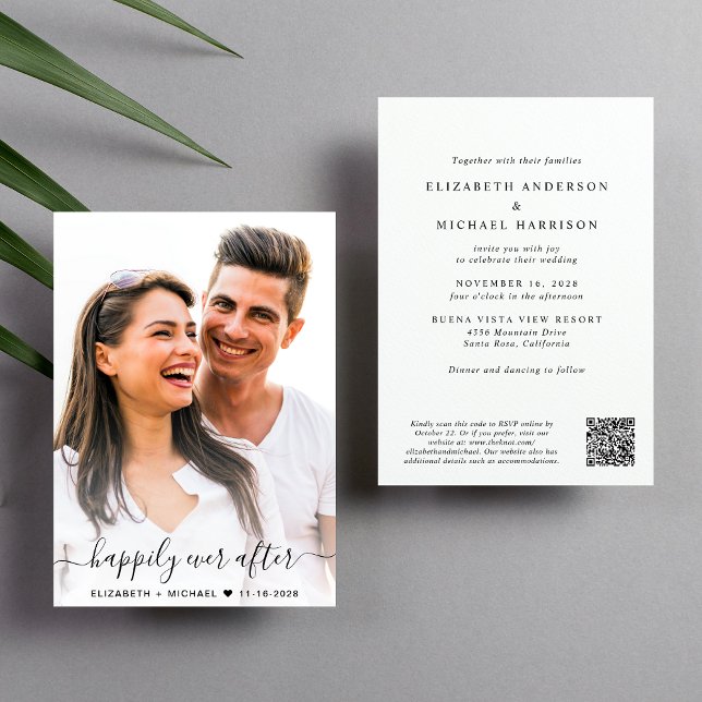 Elegant Script Photo QR-kod Bröllop Inbjudningar (Elegant all-in-one wedding invite featuring your photo + a QR code linked to your wedding website)
