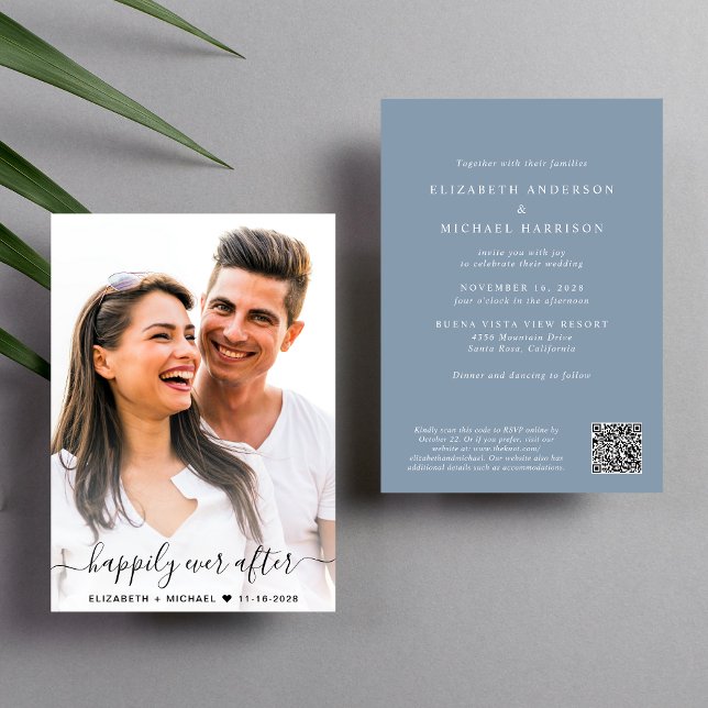 Elegant Script Photo QR-kod - Dusty Blue Bröllop Inbjudningar (Elegant all-in-one wedding invite featuring your photo + a QR code linked to your wedding website)