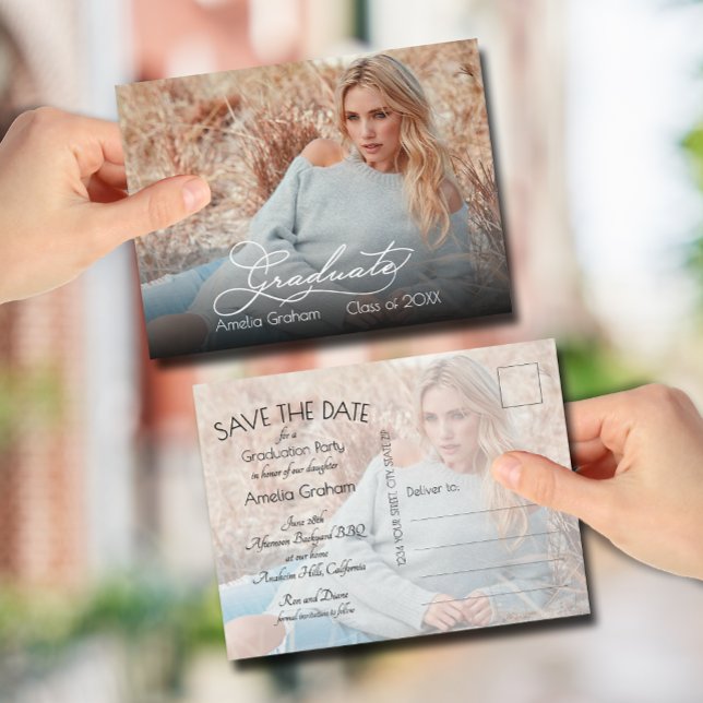 Elegant Script Photo Studenten Spara datum Vykort (Photo graduation Save the Date postcards feature your details on the back)