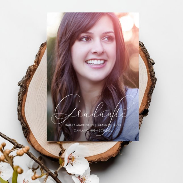 Elegant Script Photo Studentfest White Inbjudningar (Skapare uppladdad)