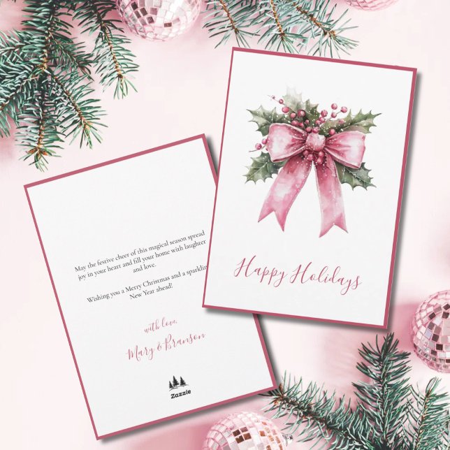 Elegant Script Pink Non Photo Watercolor Christmas Julkort (Happy Holidays Non Photo Christmas Card)