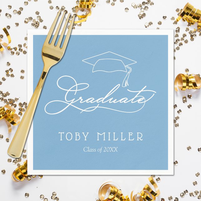 Elegant Script Powder Blue Studenten Napkins Pappersservett (White script grad cap on powder blue personalized graduation napkins, paper plates in our store)