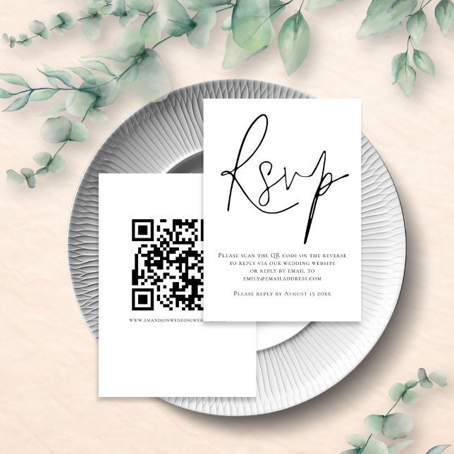 Elegant Script QR-kod Bröllop Svart Vitt OSA Kort (front and back view)