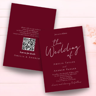 Elegant Script QR-kod Burgundy Vit Bröllop Inbjudningar