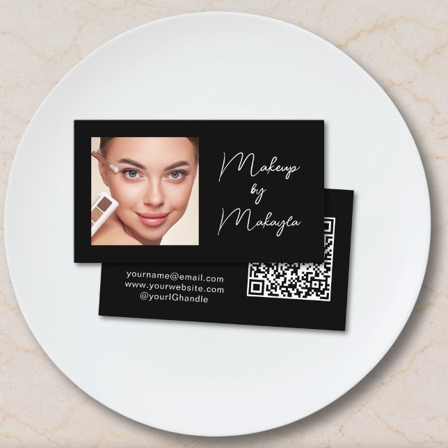 Elegant Script QR-kod Foto Makeup Svart Visitkort (Skapare uppladdad)