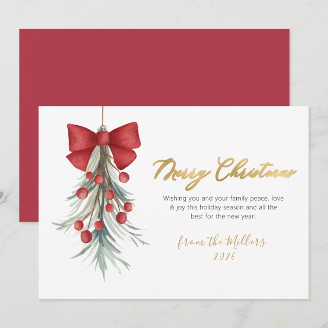 Elegant Script Red Berries Greenery jul Julkort (Fram/baksida)