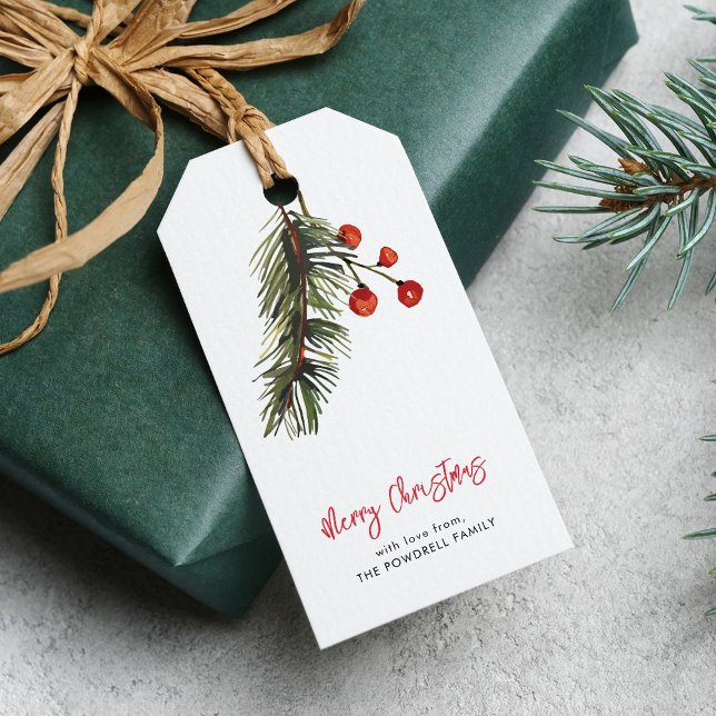 Elegant Script Red Berries jul Presentetikett (Christmas Red Berries Script Family Gift Tag)