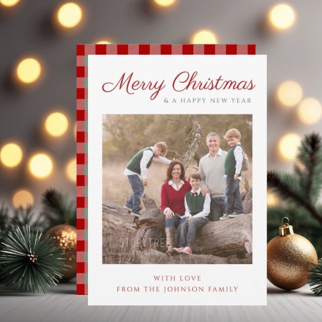 Elegant Script Red Grönt Play-julfoto Julkort (Elegant Script Red Green Plaid Christmas Photo Holiday Card)