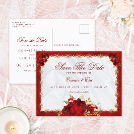 Elegant Script Red Guld Blommigt Spara datum Meddelande Vykort