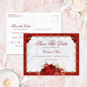 Elegant Script Red Guld Blommigt Spara datum Meddelande Vykort