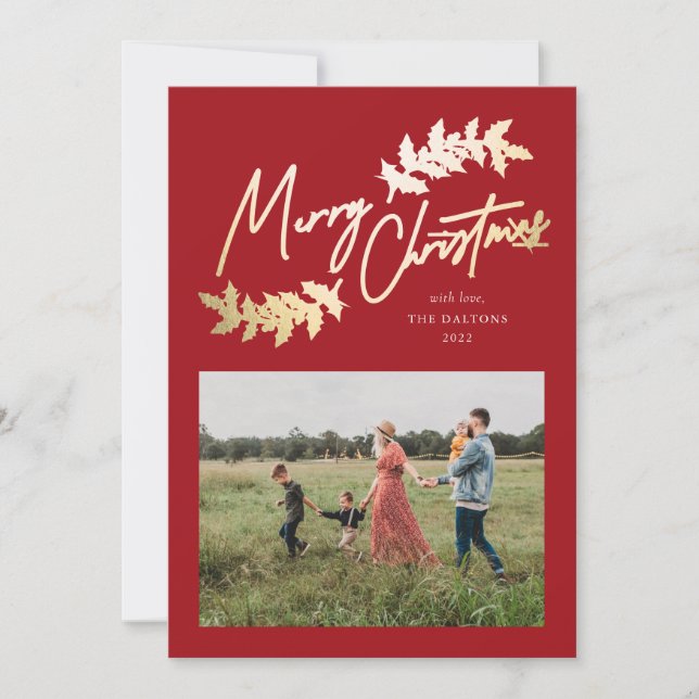 Elegant Script Red Guld Grenar 2 Fotojul Julkort (Framsida)