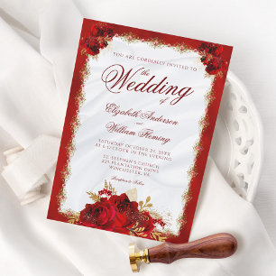 Elegant Script Red Guld Ro Blommigt Bröllop Inbjudningar
