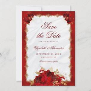 Elegant Script Red Guld Ro Blommigt Bröllop Spara Datumet