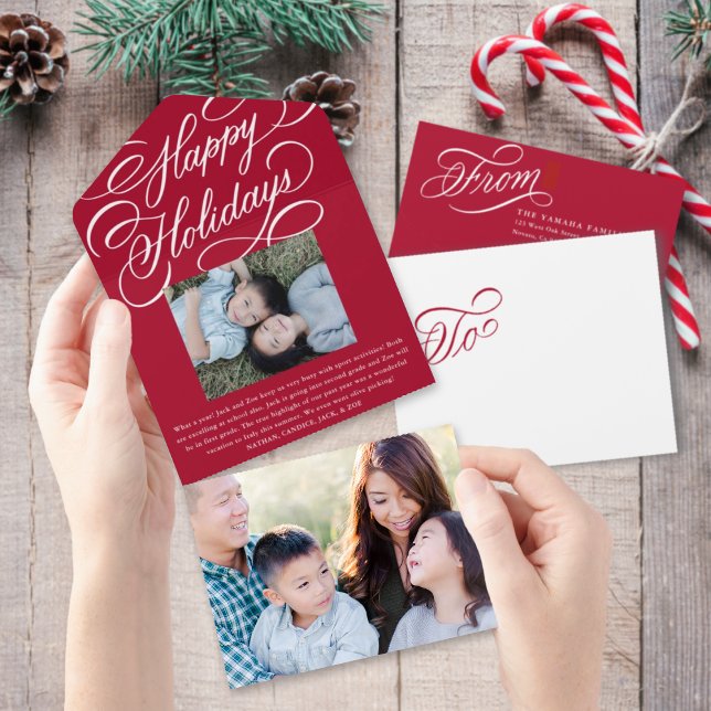 Elegant Script Red Lycklig Helgdag Photo Card (Skapare uppladdad)
