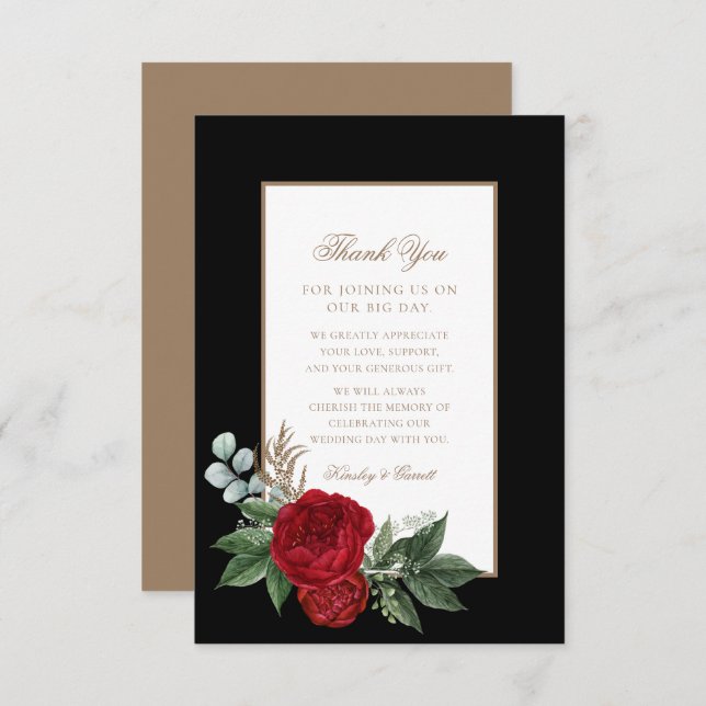 Elegant Script Red Peonies Black & Guld Bröllop Tack Kort (Fram/baksida)