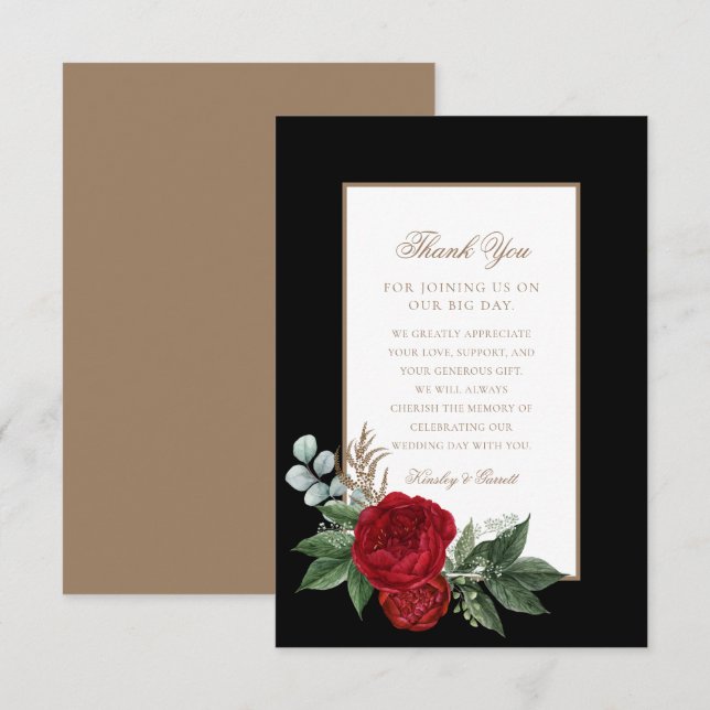 Elegant Script Red Peonies Black & Guld Tack Kort (Fram/baksida)