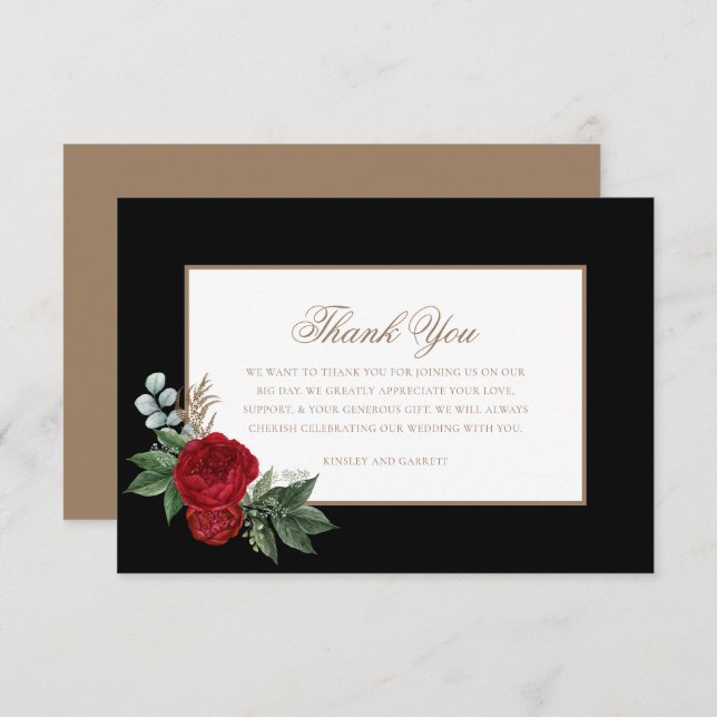 Elegant Script Red Peonies Black & Guld Tack Kort (Fram/baksida)