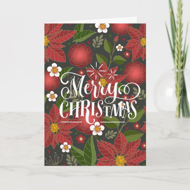 Elegant Script Red Poinsettia Blommigt Chic Busine Helgkort (Framsida)