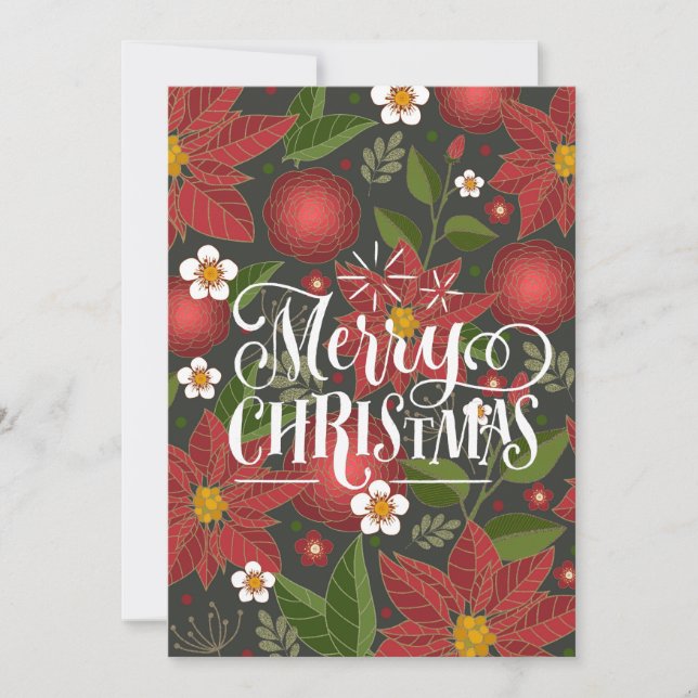 Elegant Script Red Poinsettia Blommigt Chic Busine Julkort (Framsida)