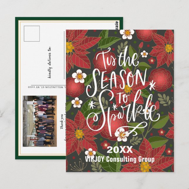 Elegant Script Red Poinsettia Grönt Photo Business Vykort (Fram/baksida)
