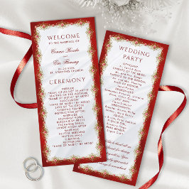 Elegant Script Red White Guld Filigree Bröllop Program