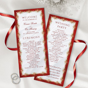Elegant Script Red White Guld Filigree Bröllop Program