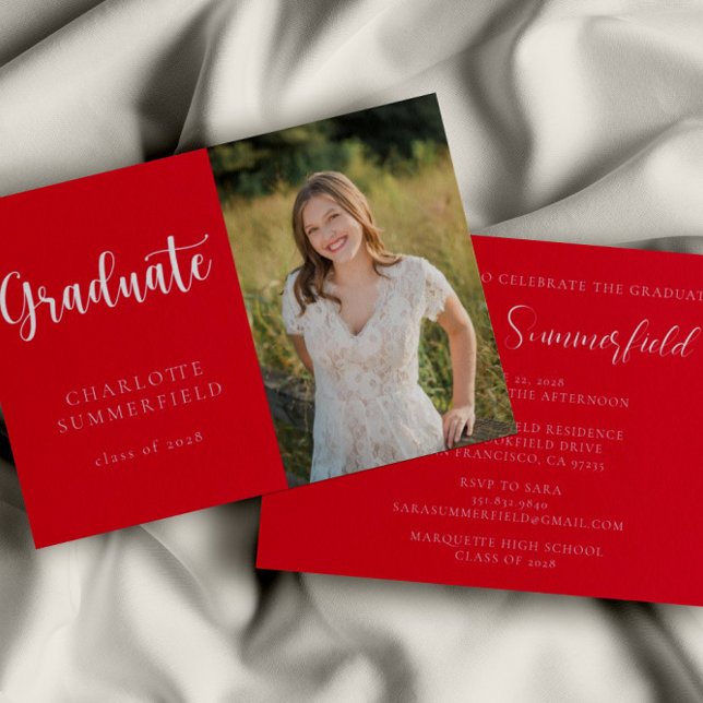 Elegant Script Red White Photo Studenten Inbjudningar (Skapare uppladdad)