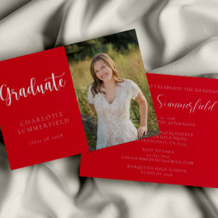 Elegant Script Red White Photo Studenten Inbjudningar