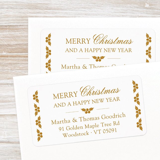 Elegant Script-Returadressen Guld Holly Adressetikett (Elegant, festive Merry Christmas and Happy New Year return address labels with a gold holly border.)