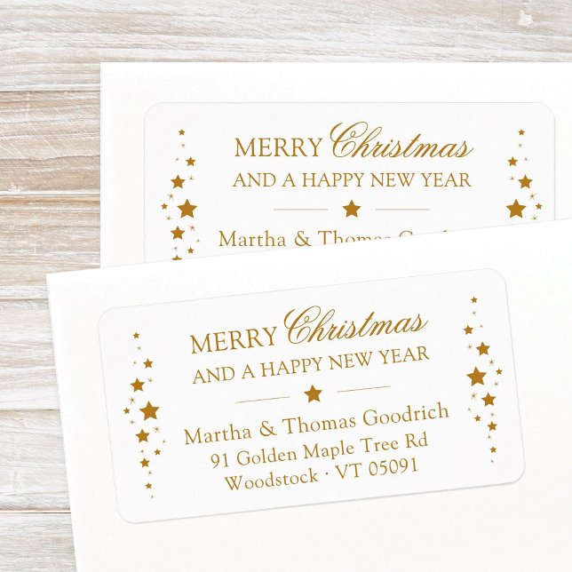 Elegant Script-Returadressen Jul Guld Stars Adressetikett (Elegant, festive Merry Christmas and a Happy New Year return address label with golden stars.)