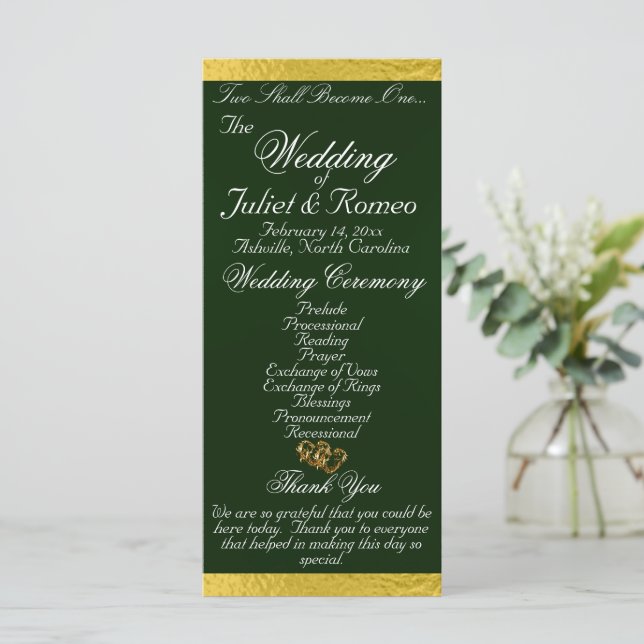 Elegant Script & Ribbon - Emerald/Guld Bröllop Program (Stående Fram)
