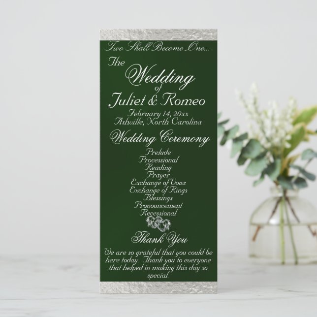 Elegant Script & Ribbon - Emerald/Silver Bröllop Program (Stående Fram)
